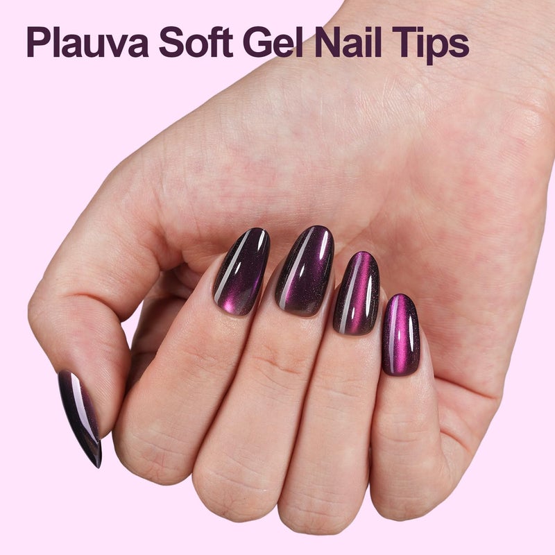 Plauva 150Pcs Cat Eye Press on Nails, Short Oval Cat Eye Nail Tips, Glossy Glitter Fake Nails, Soft Gel Stick On Nails for Women and Girls 15 Sizes - Image 2